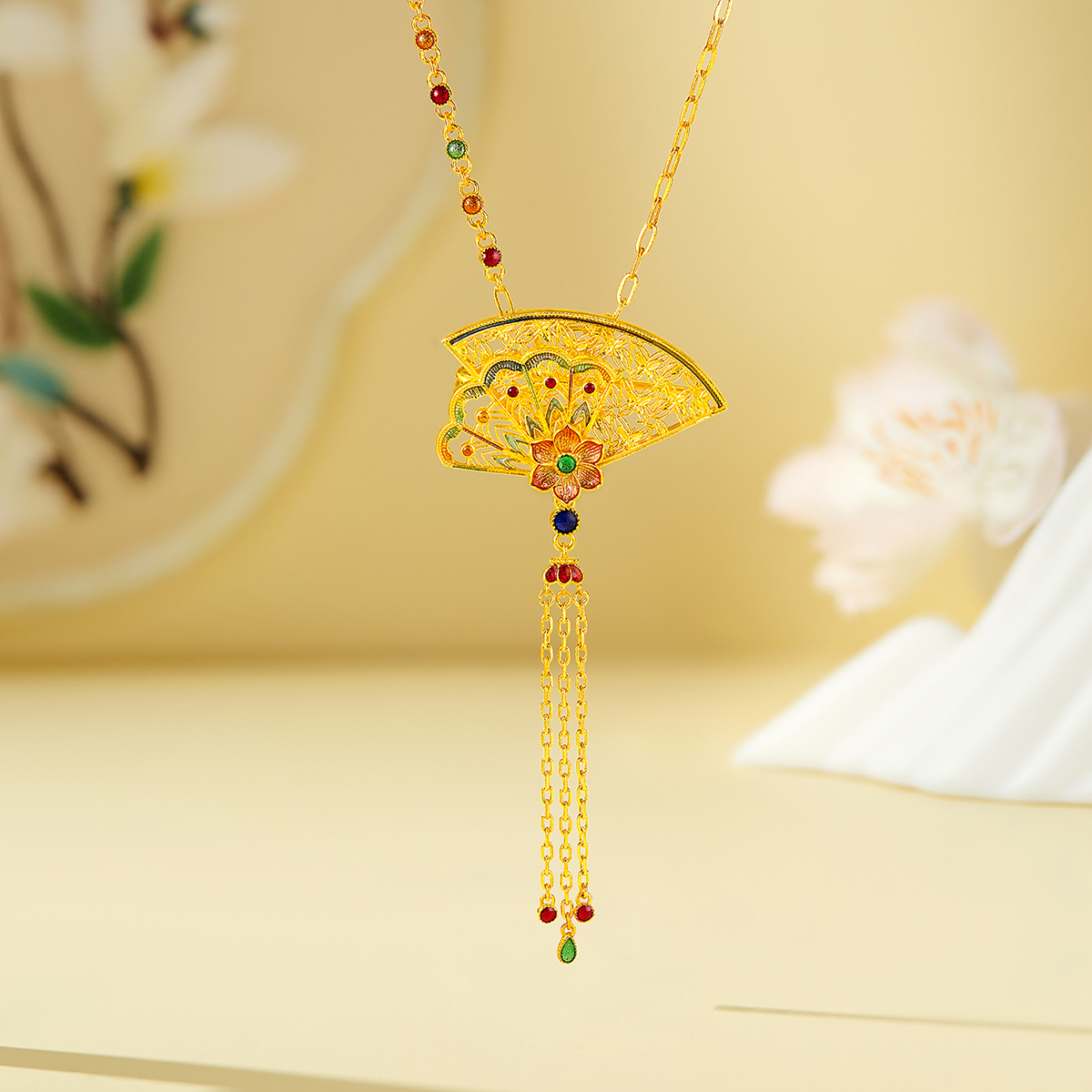 六福珠宝福满传家花团锦扇流苏黄金项链胸针两用计价L17TBGN0016【视频看货】