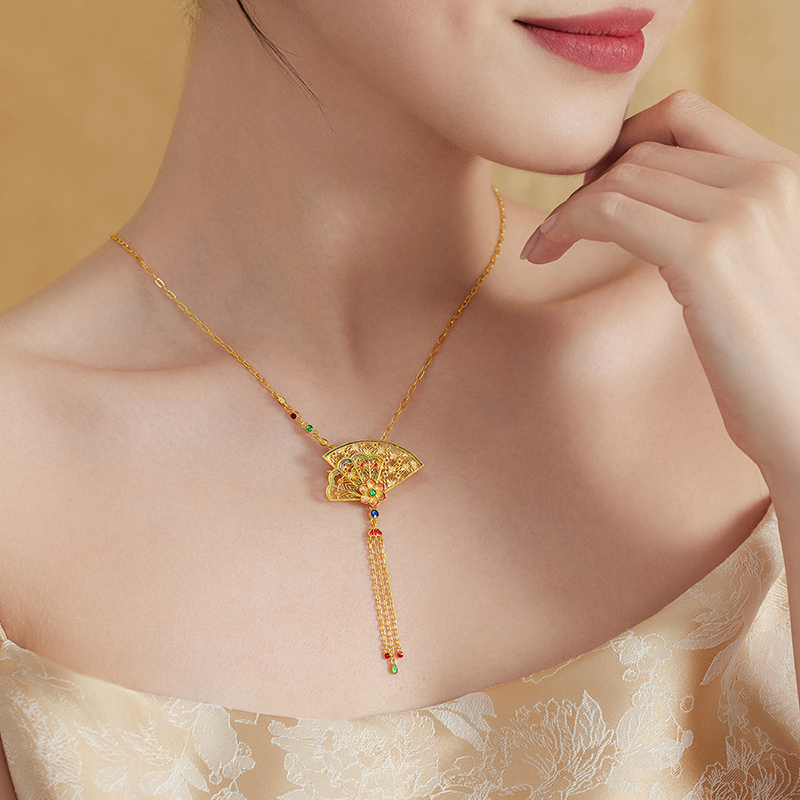 六福珠宝福满传家花团锦扇流苏黄金项链胸针两用计价L17TBGN0016【视频看货】