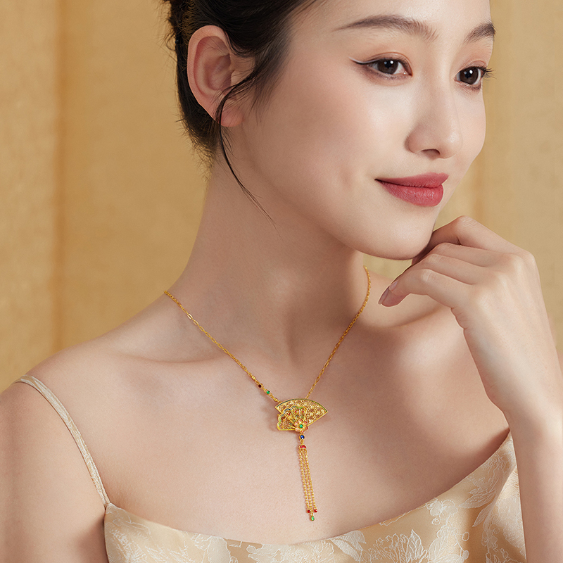 六福珠宝福满传家花团锦扇流苏黄金项链胸针两用计价L17TBGN0016【视频看货】