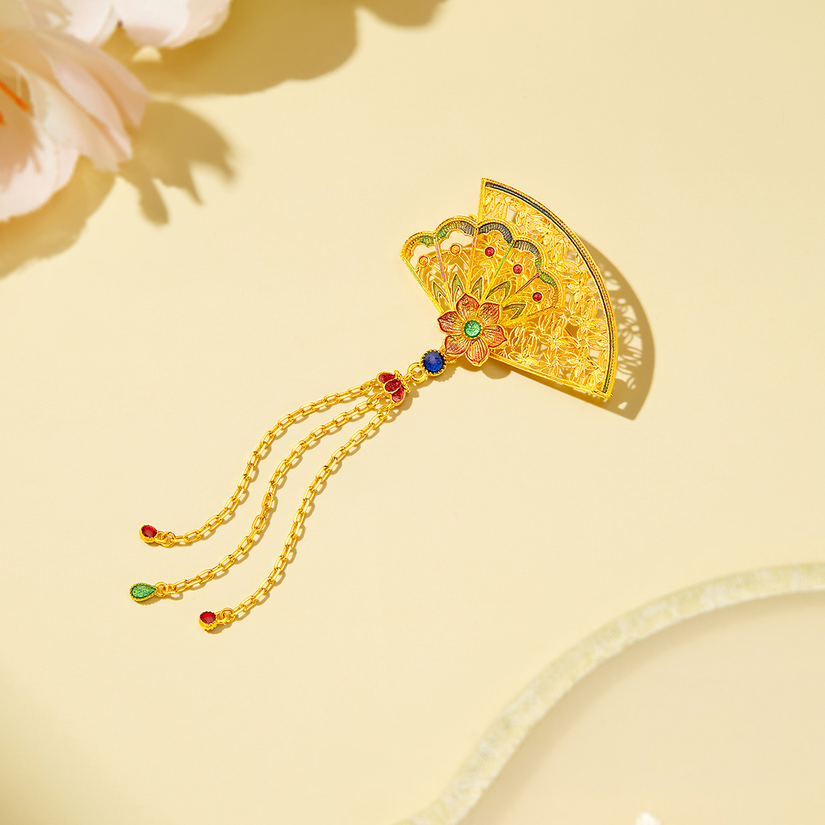 六福珠宝福满传家花团锦扇流苏黄金项链胸针两用计价L17TBGN0016【视频看货】