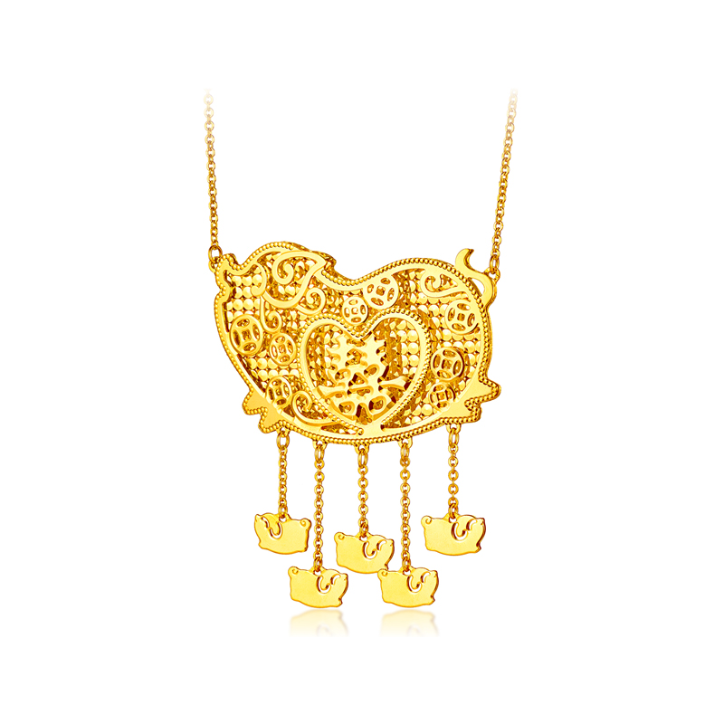 六福珠宝光影金诸事皆囍黄金项链5G实心金猪牌婚嫁礼计价020953NA【视频看货】