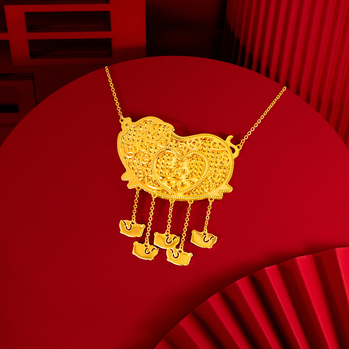 六福珠宝光影金诸事皆囍黄金项链5G实心金猪牌婚嫁礼计价020953NA【视频看货】