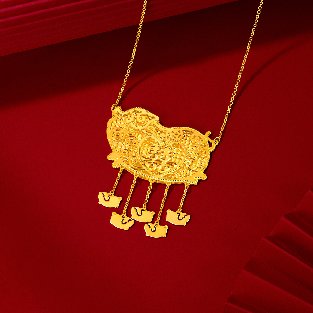 六福珠宝光影金诸事皆囍黄金项链5G实心金猪牌婚嫁礼计价020953NA【视频看货】