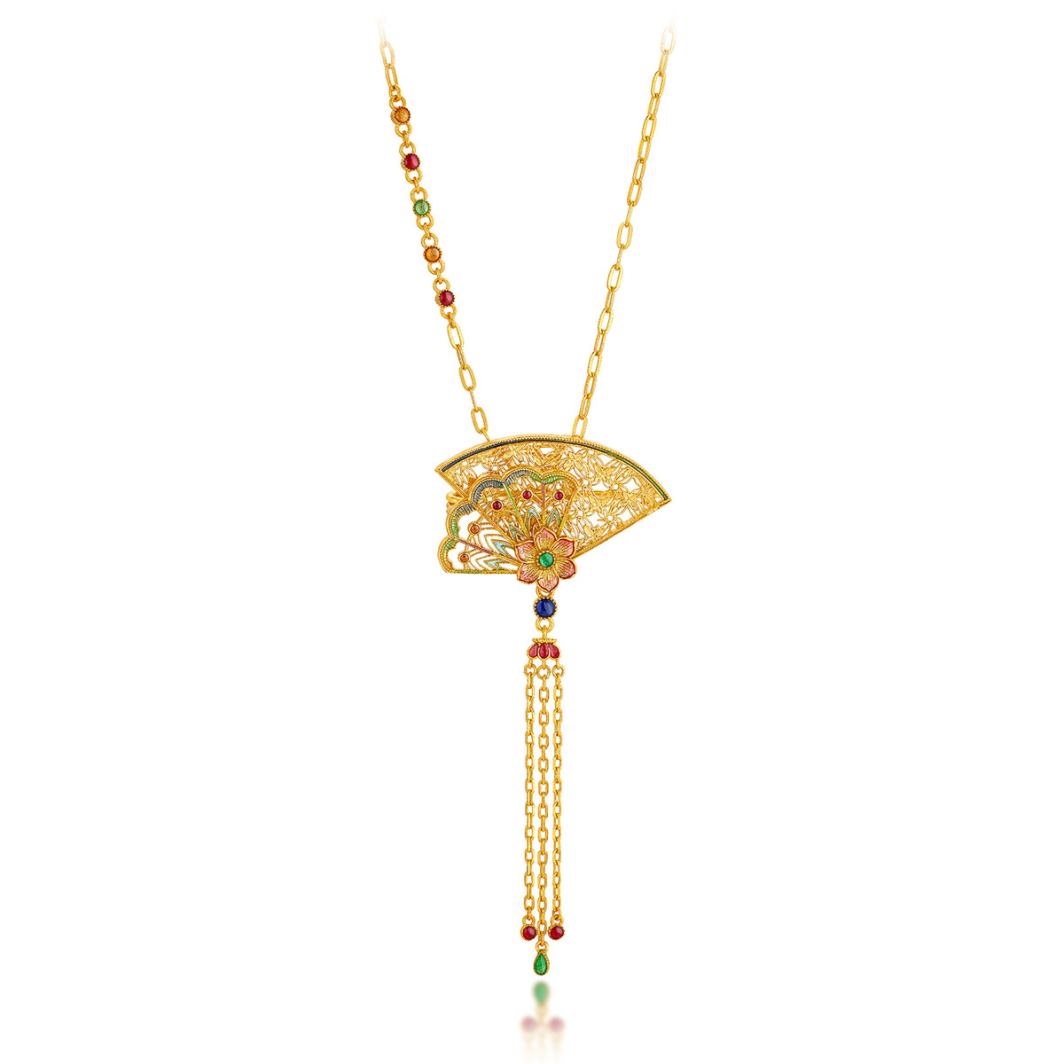 六福珠宝福满传家花团锦扇流苏黄金项链胸针两用计价L17TBGN0016【视频看货】