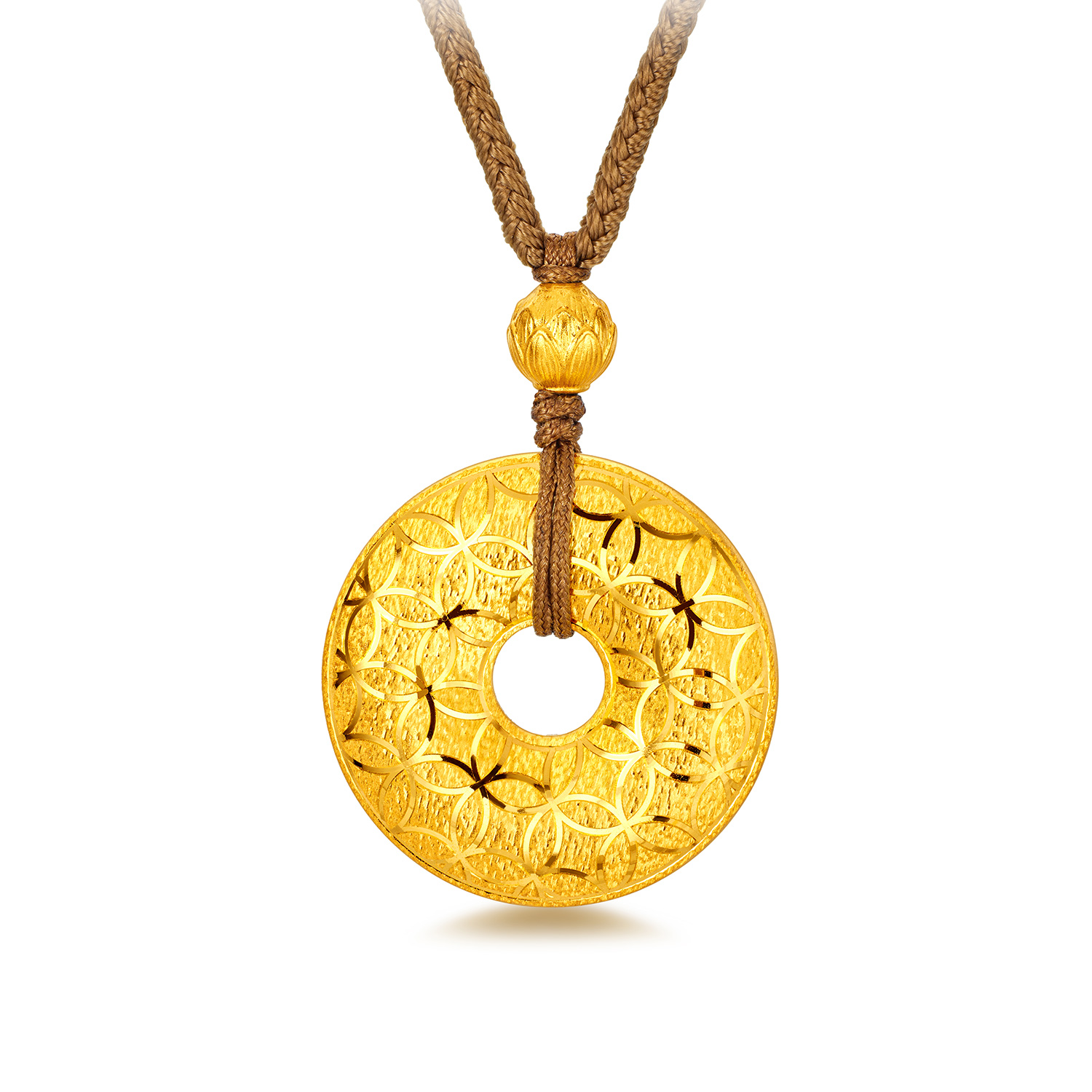 六福珠宝财富满盈平安扣黄金项链吊坠女戗刻铜钱纹计价G08G0003DS【视频看货】