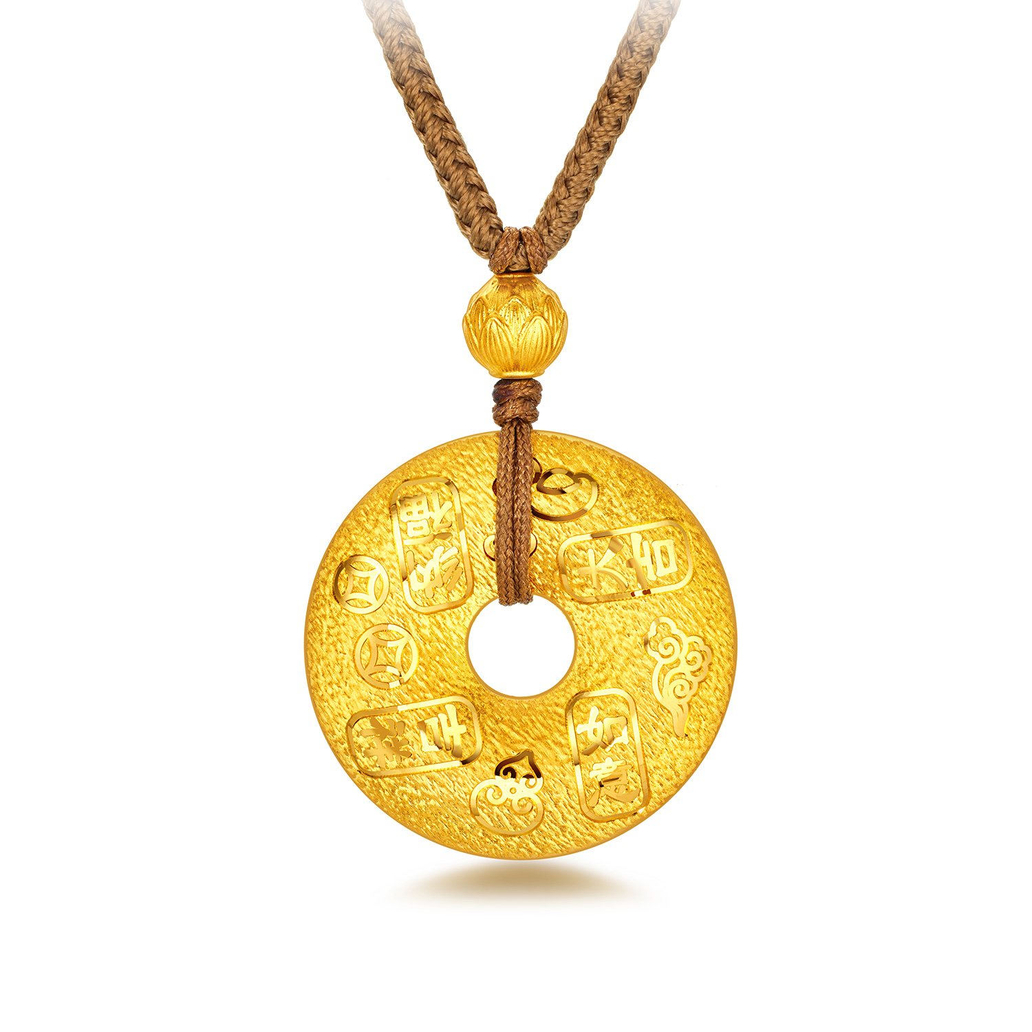 六福珠宝吉言金平安扣黄金项链吊坠女戗刻足金莲花计价G08G0004DS