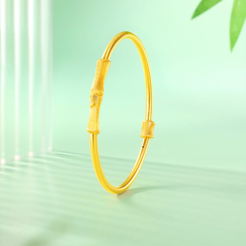 六福珠宝福满传家东方竹韵古法黄金手镯手工拉丝竹节计价033697aa【视频看货】