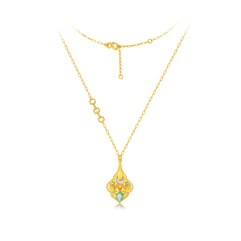 六福珠宝福满传家凤羽黄金项链手工螺钿贝壳吊坠计价L17TBGN0007【视频看货】