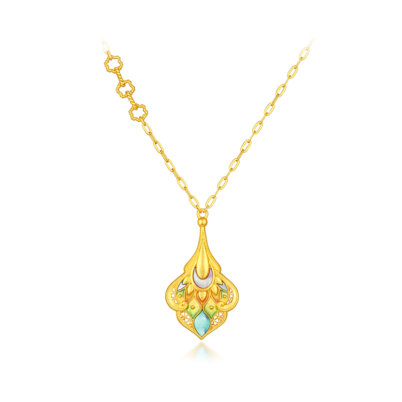 六福珠宝福满传家凤羽黄金项链手工螺钿贝壳吊坠计价L17TBGN0007【视频看货】