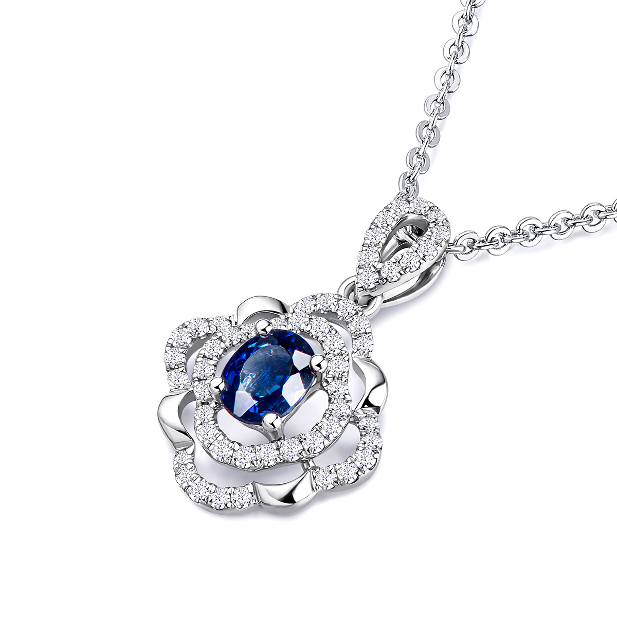 六福珠宝花型蓝宝石吊坠女送妈妈18K金钻石挂坠定价F48DSKP0008W【联系客服补货】