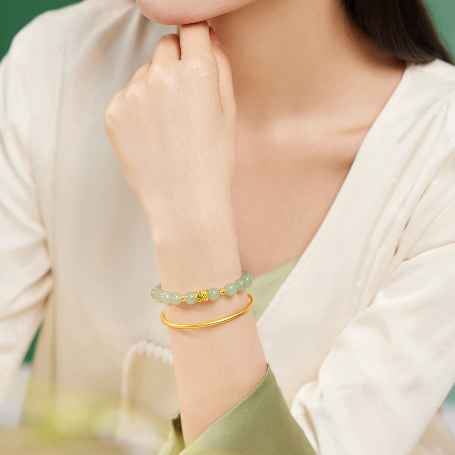 六福珠宝竹节节高升黄金转运珠手链女和田玉手串定价A01A1TBB0020【联系客服补货】