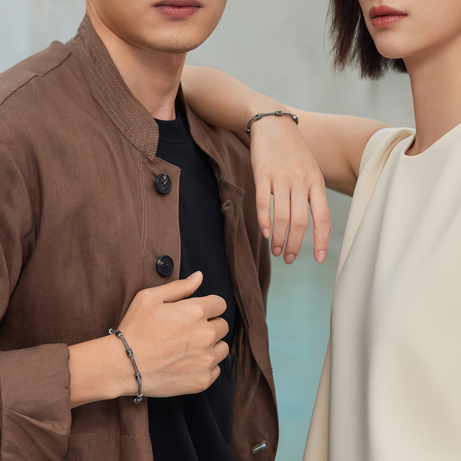 六福珠宝六字真言铂金手链铂950男电黑白金八达链计价G07P0010DS【1V1直播看货】