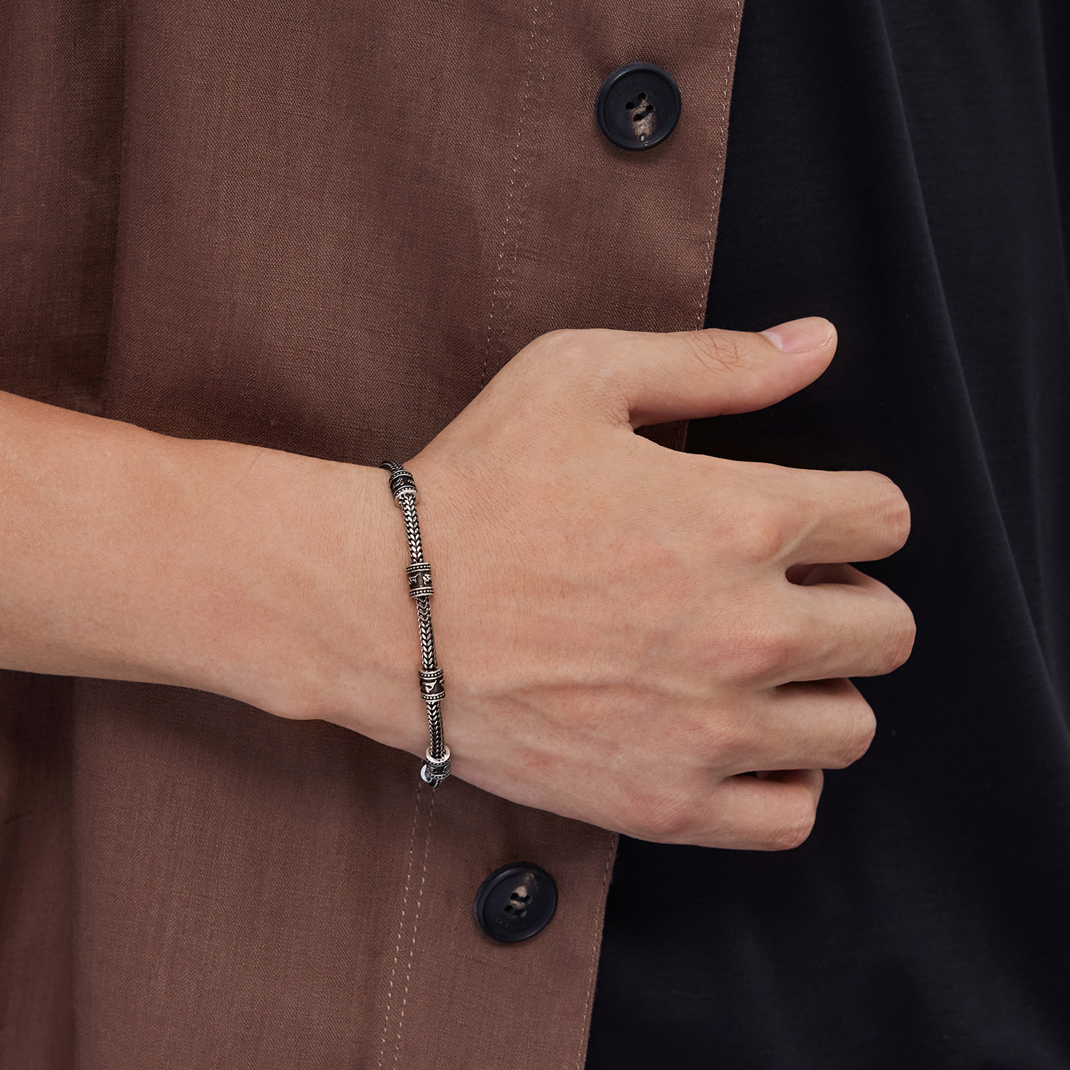 六福珠宝六字真言铂金手链铂950男电黑白金八达链计价G07P0010DS【1V1直播看货】