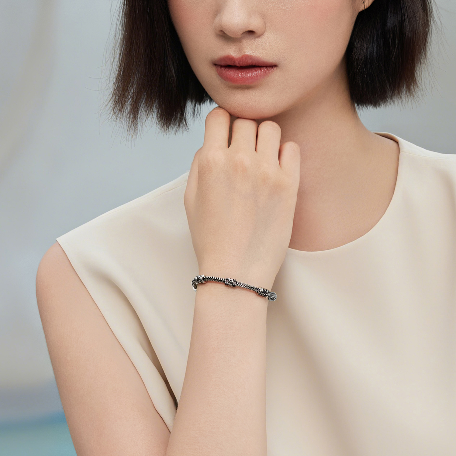 六福珠宝六字真言铂金手链铂950男电黑白金八达链计价G07P0010DS【1V1直播看货】