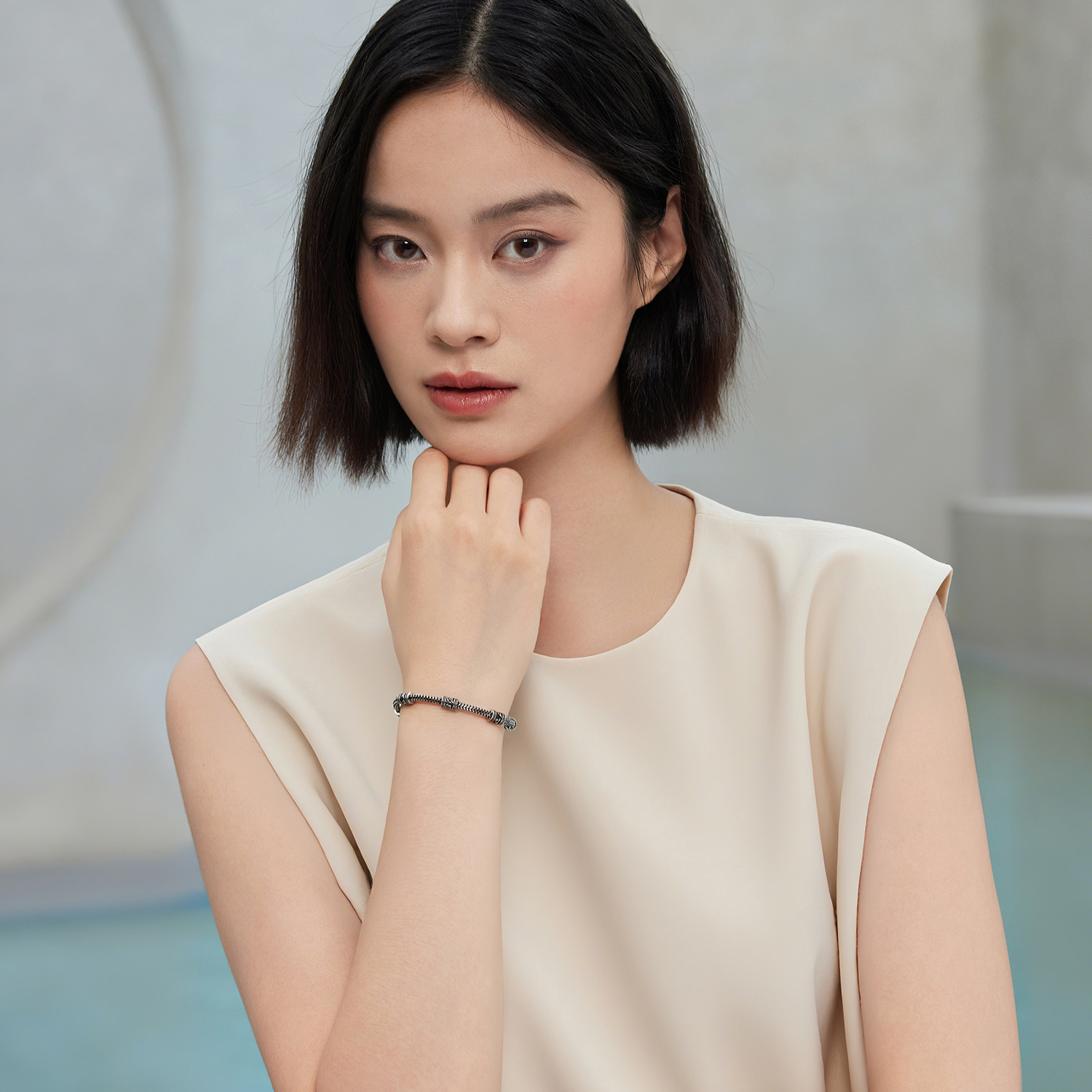 六福珠宝六字真言铂金手链铂950男电黑白金八达链计价G07P0010DS【1V1直播看货】