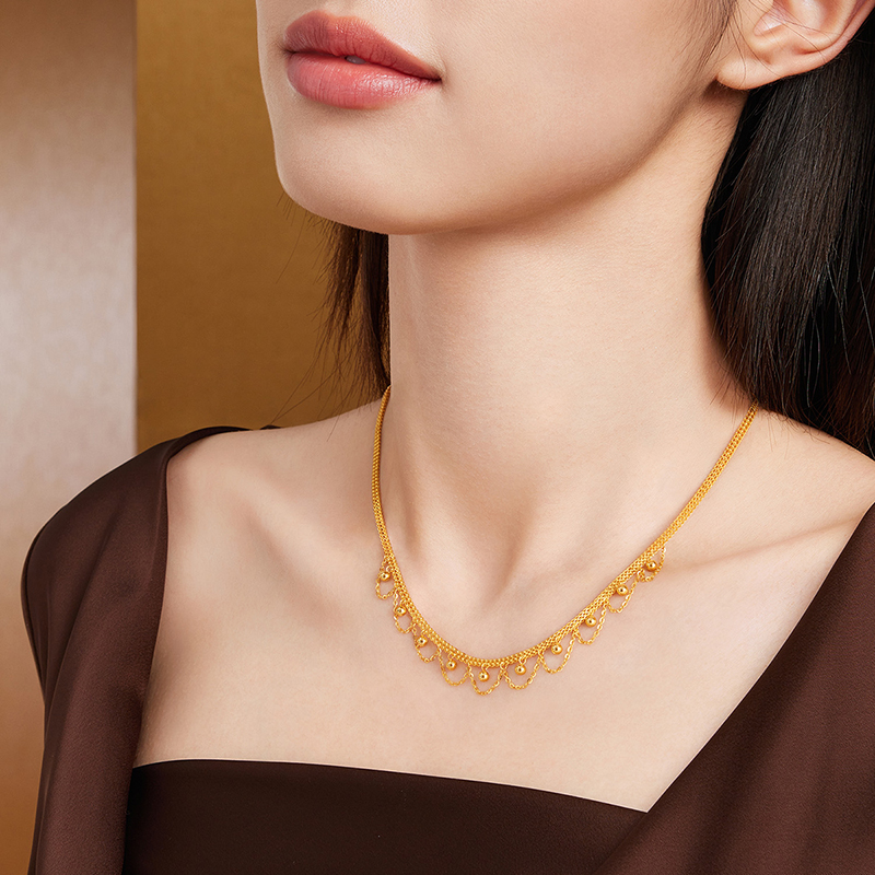 六福珠宝光影金蕾丝金珠黄金项链女5G双层足金坦克链计价021012NA【视频看货】