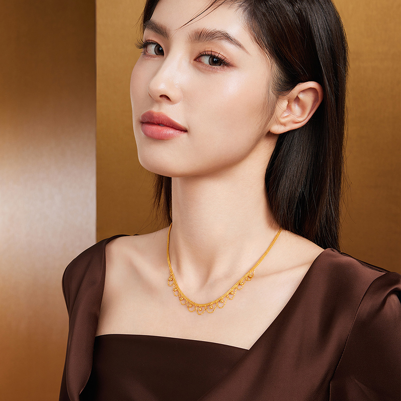 六福珠宝光影金蕾丝金珠黄金项链女5G双层足金坦克链计价021012NA【视频看货】