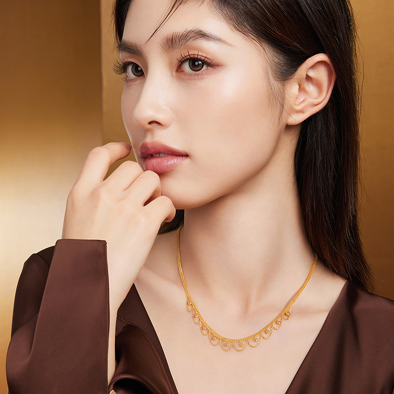 六福珠宝光影金蕾丝金珠黄金项链女5G双层足金坦克链计价021012NA【视频看货】