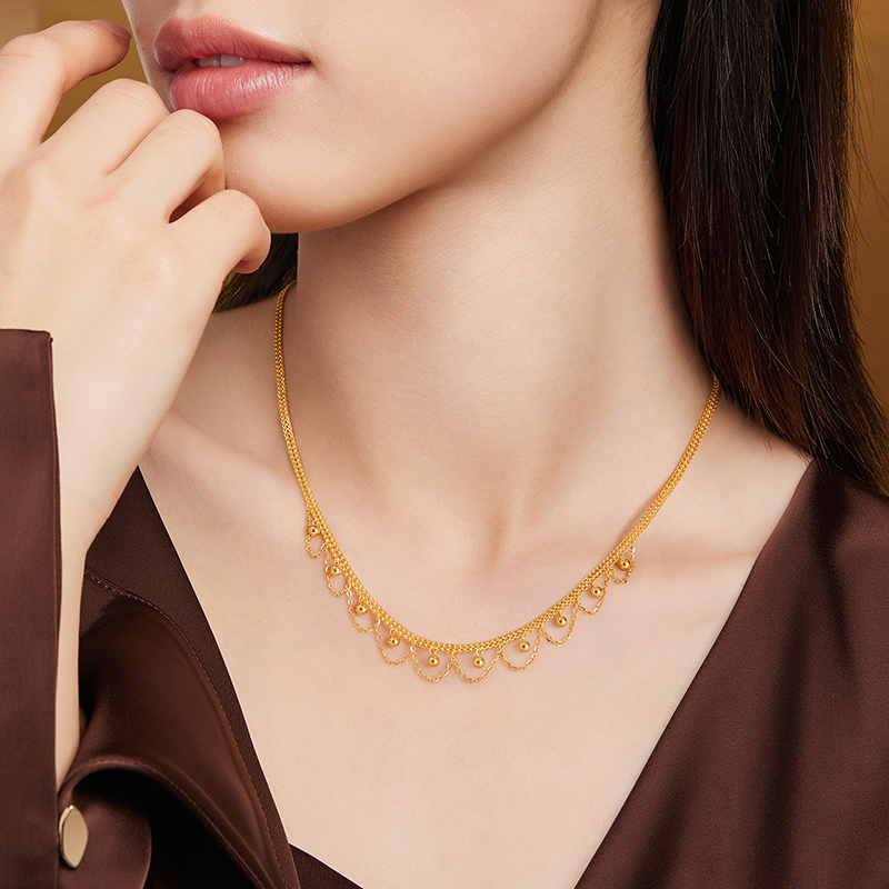 六福珠宝光影金蕾丝金珠黄金项链女5G双层足金坦克链计价021012NA【视频看货】