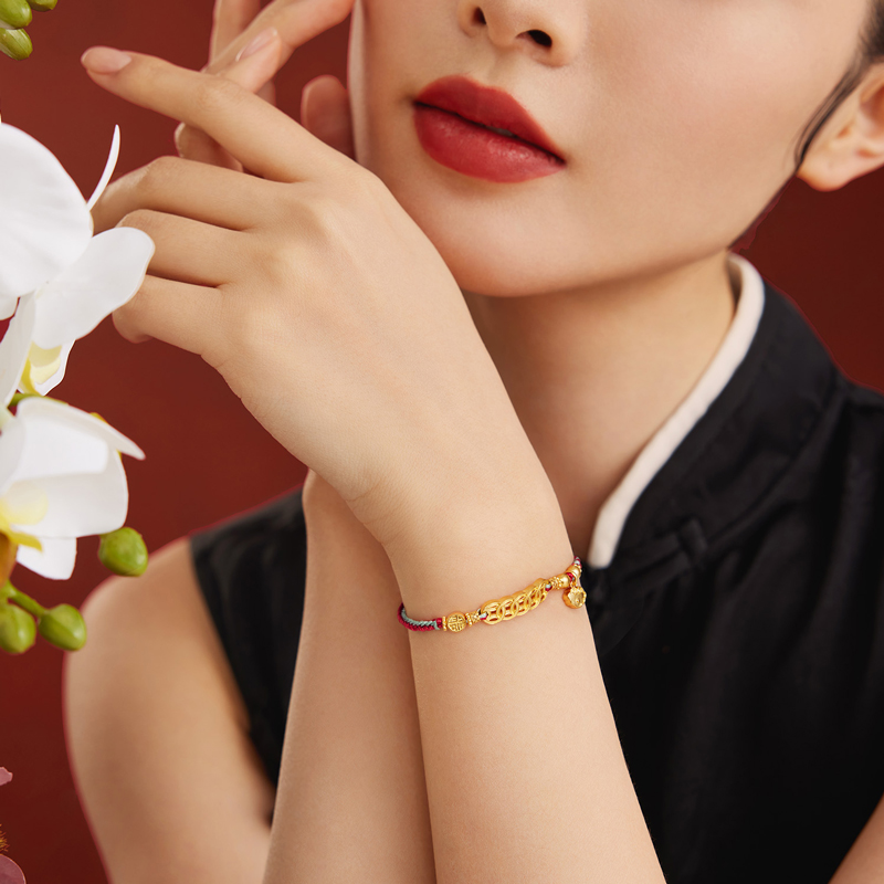 六福珠宝福满传家铜钱串黄金手链女福牌足金手绳计价G21TBGB0024【联系客服补货】【视频看货】