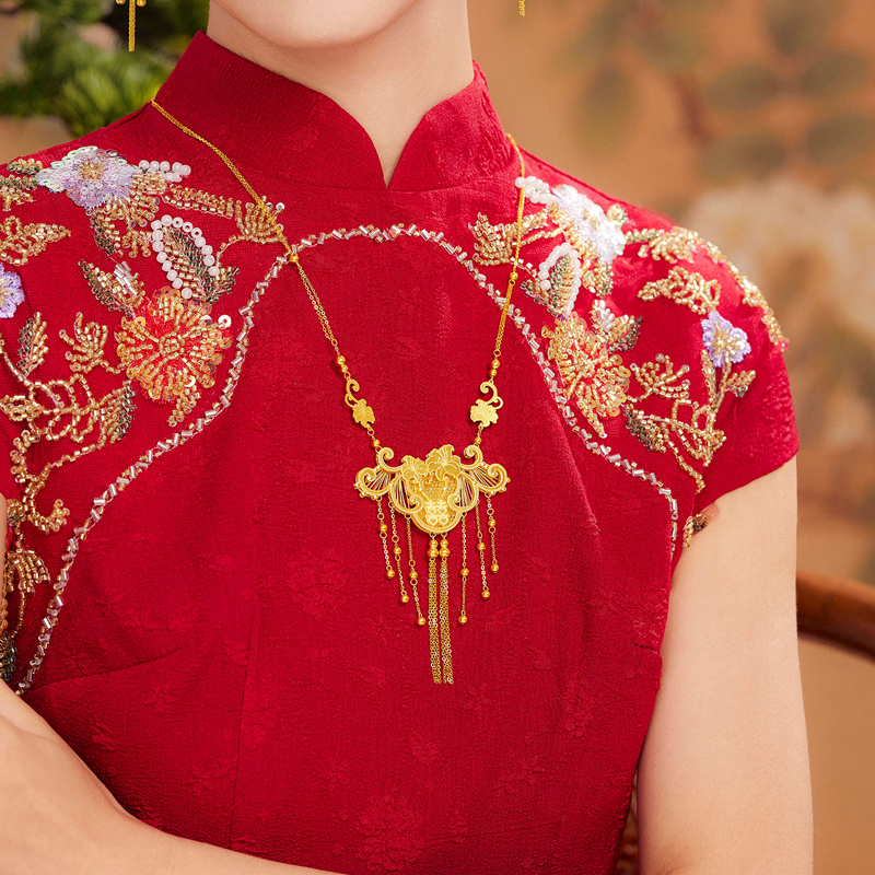 六福珠宝囍字百合花吊坠黄金项链女光影金5G婚嫁礼计价009541NA【联系客服补货】【视频看货】