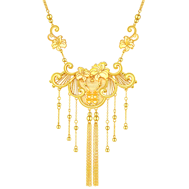 六福珠宝囍字百合花吊坠黄金项链女光影金5G婚嫁礼计价009541NA【联系客服补货】【视频看货】