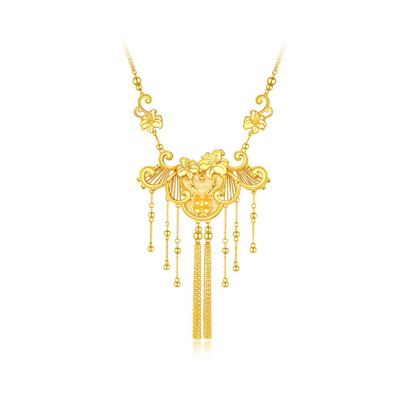 六福珠宝囍字百合花吊坠黄金项链女光影金5G婚嫁礼计价009541NA【联系客服补货】【视频看货】