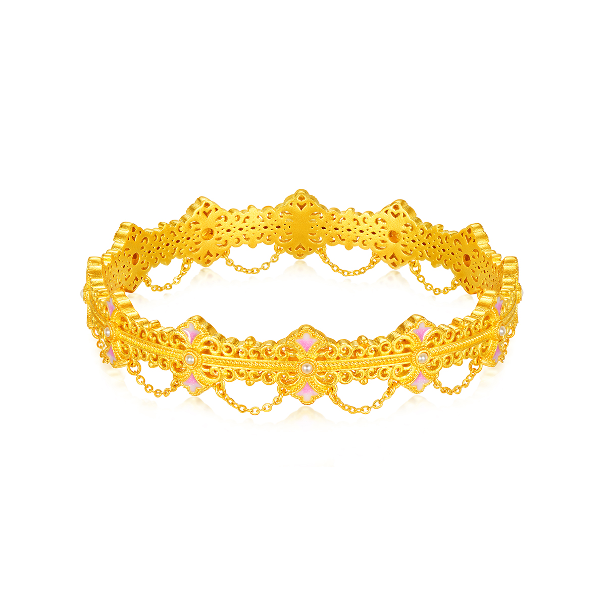 六福珠宝福满传家鸢尾花黄金手镯珍珠女足金镯子计价G39TBGB0004【视频看货】