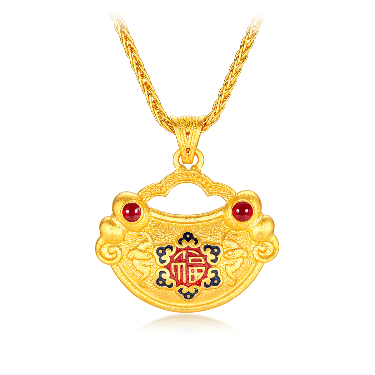 六福珠宝福满传家长命富贵黄金吊坠鎏彩工艺金锁计价F21TBGP0002