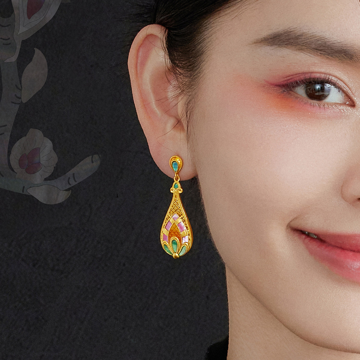 六福珠宝福满传家琵琶黄金耳钉耳环手工螺钿贝壳计价L17TBGE0001【联系客服补货】【视频看货】