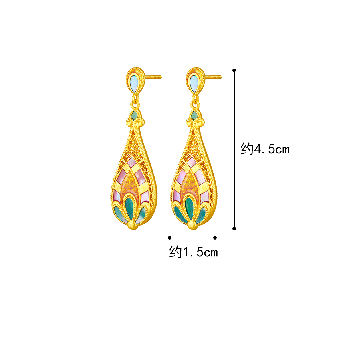 六福珠宝福满传家琵琶黄金耳钉耳环手工螺钿贝壳计价L17TBGE0001【联系客服补货】【视频看货】