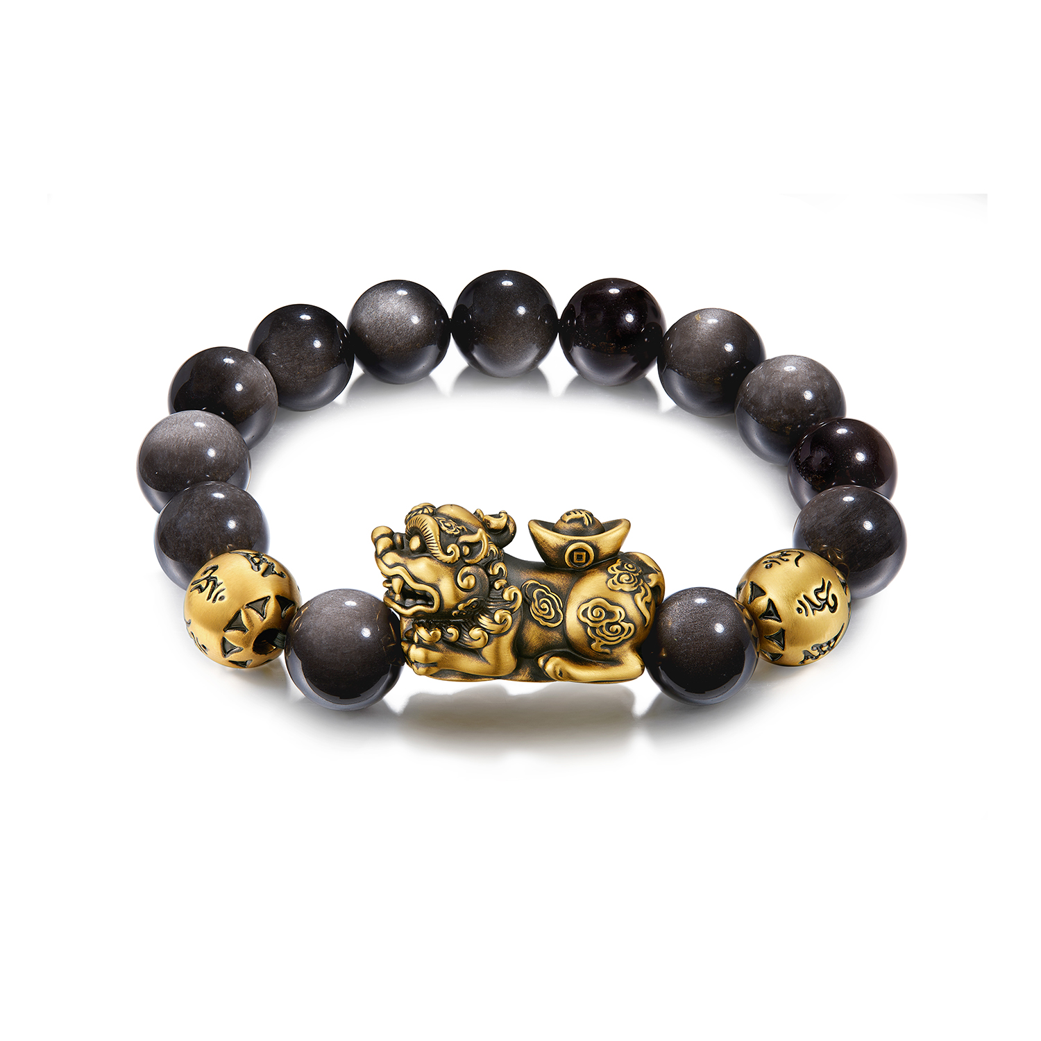 六福珠宝貔貅黄金手链男款六字真言黑曜岩电黑手串计价A01G0025DS【1V1直播看货】