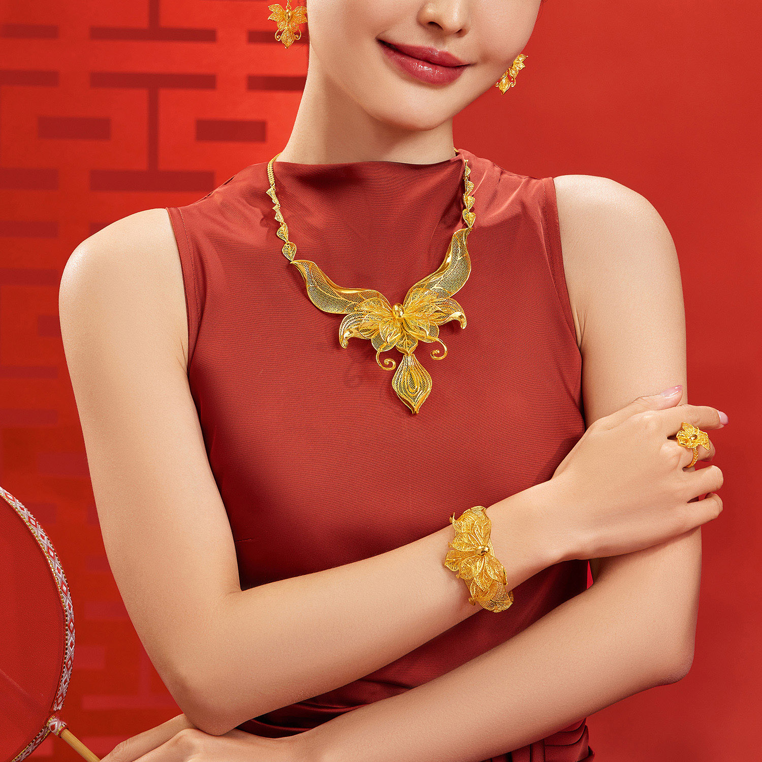 六福珠宝囍爱系列金桂囍事黄金手镯女款结婚三金首饰计价021838AA【1V1直播看货】