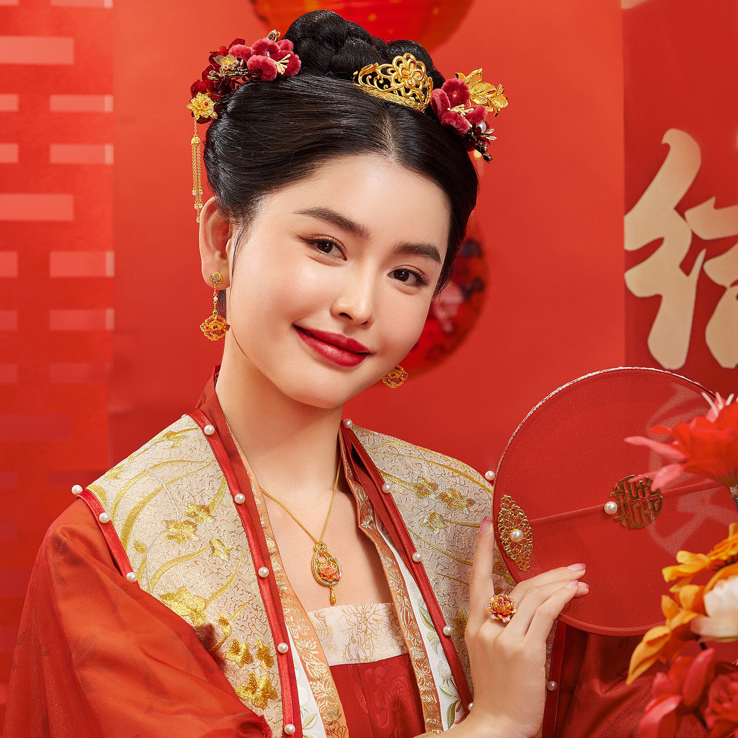 六福珠宝福满传家臻美华章黄金耳钉手工点螺牡丹花计价L17G0006DS【联系客服补货】【视频看货】