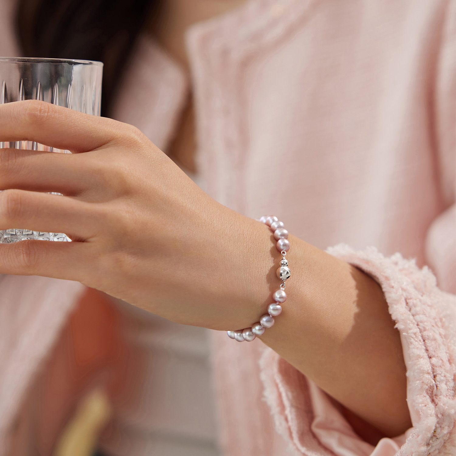 六福珠宝紫黛凝露淡水珍珠手串女款Ag925银扣手链F87J0003DS珍品