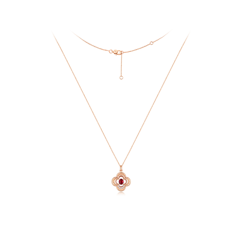 六福珠宝四叶草18k金红宝石项链镶钻石吊坠套链定价F48DSKN0019R【联系客服补货】