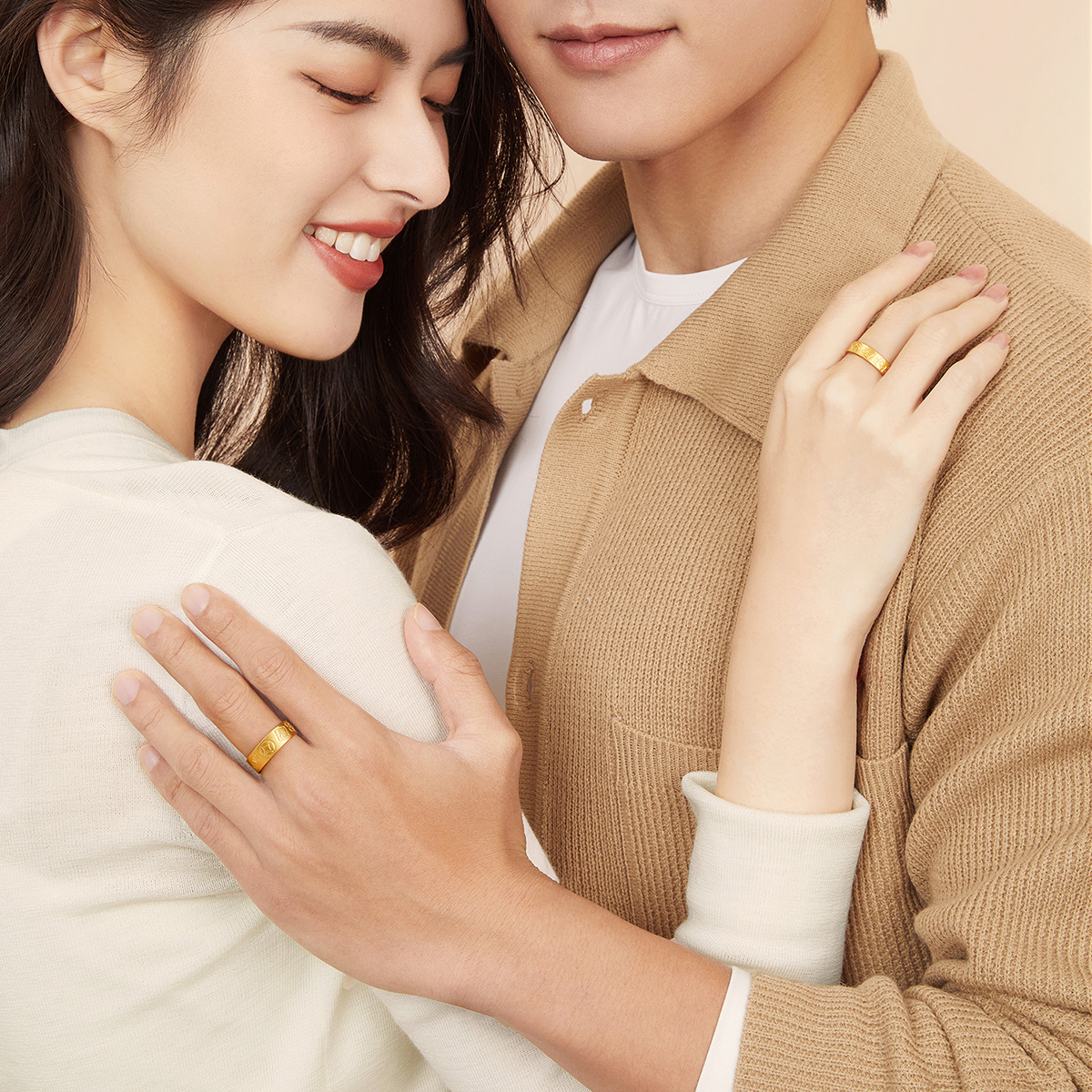 六福珠宝福满传家吉言金黄金戒指男实心情侣对戒计价G16TBGR0004【联系客服补货】【视频看货】