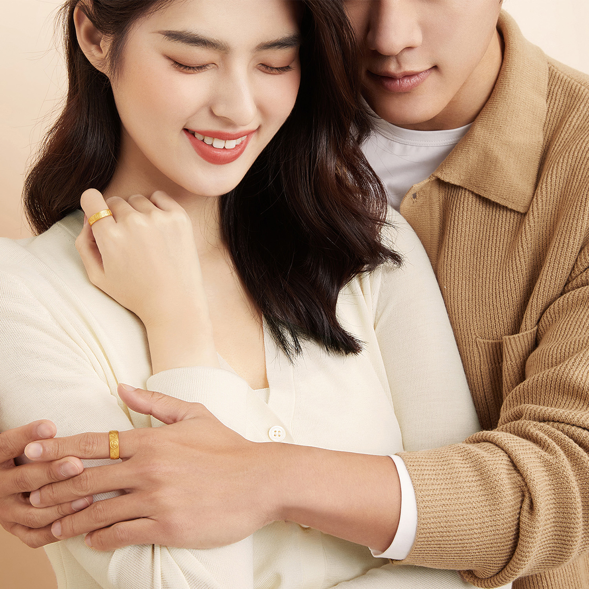 六福珠宝福满传家吉言金黄金戒指男实心情侣对戒计价G16TBGR0004【联系客服补货】【视频看货】