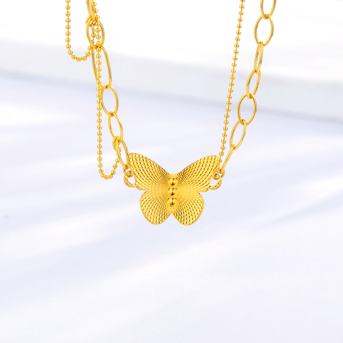 六福珠宝蝴蝶黄金项链女款光影金5G足金吊坠双层套链计价004056NA【联系客服补货】【视频看货】