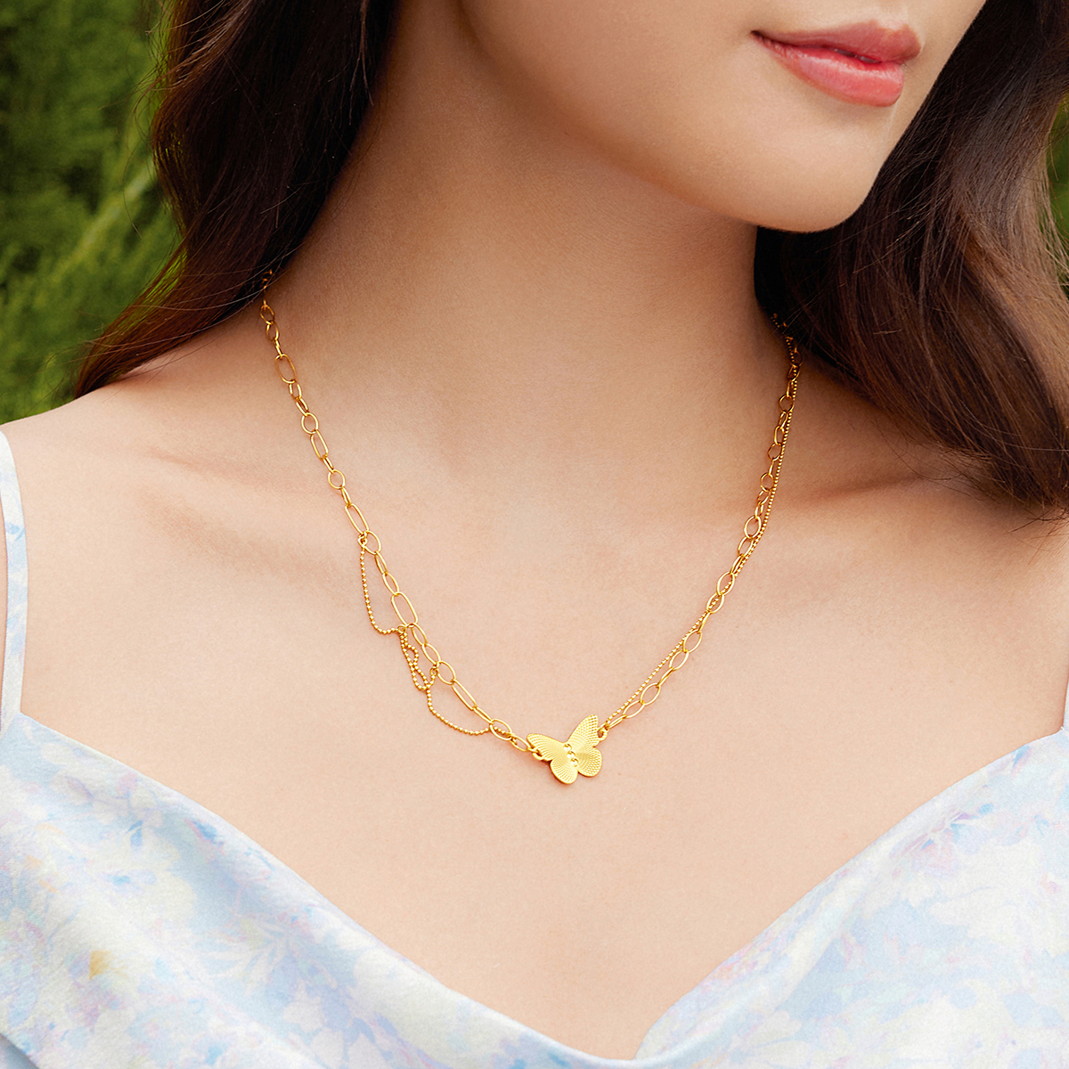 六福珠宝蝴蝶黄金项链女款光影金5G足金吊坠双层套链计价004056NA【联系客服补货】【视频看货】