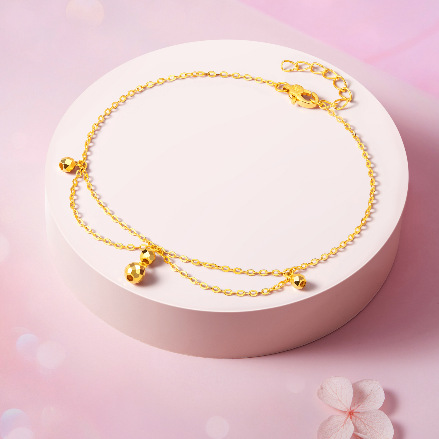 六福珠宝仙女小金珠黄金手链女款双层手链足金挂坠计价GJG0167DS