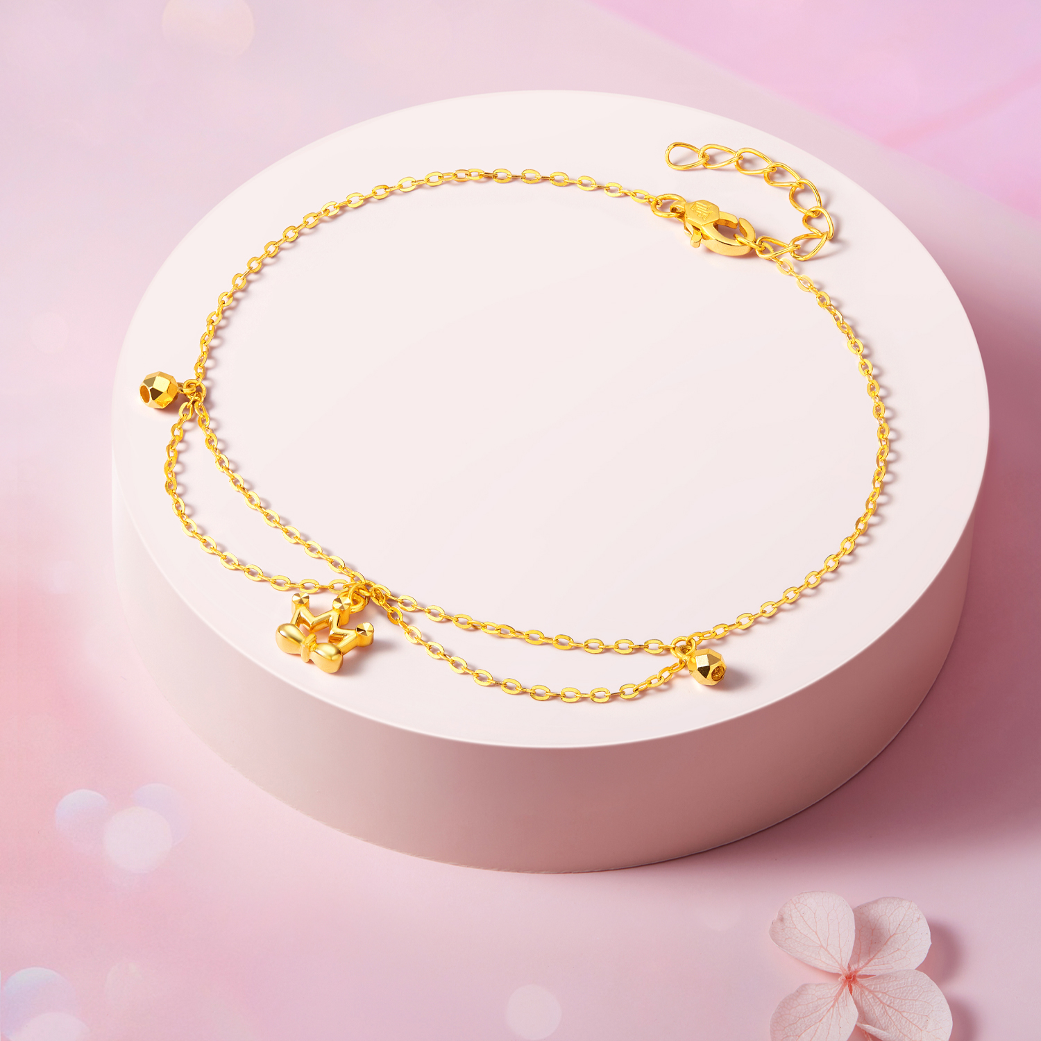 六福珠宝仙女小金珠黄金手链女款双层手链足金挂坠计价GJG0167DS