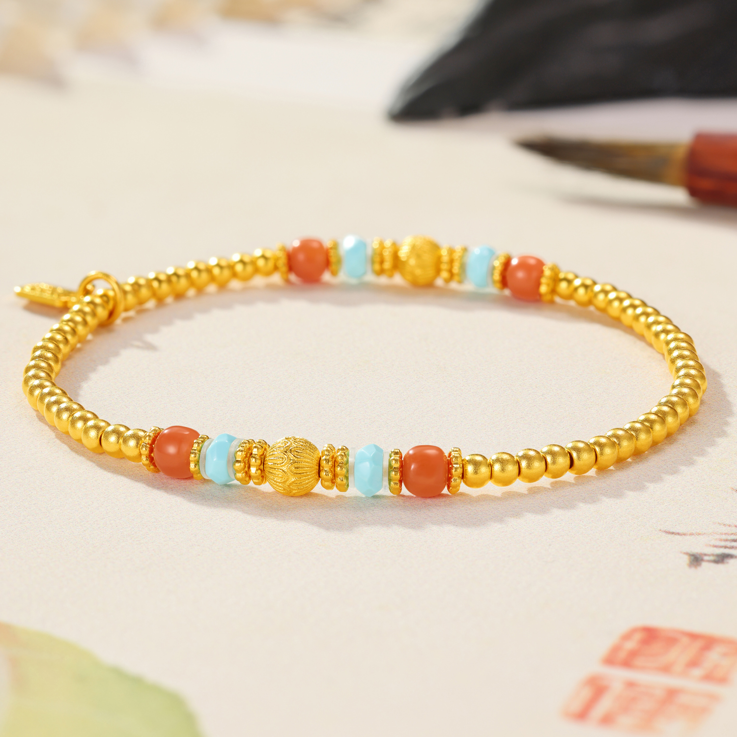 六福珠宝福满传家琳琅三彩黄金手链绿松石手串玉髓计价G21G0014DS【联系客服补货】