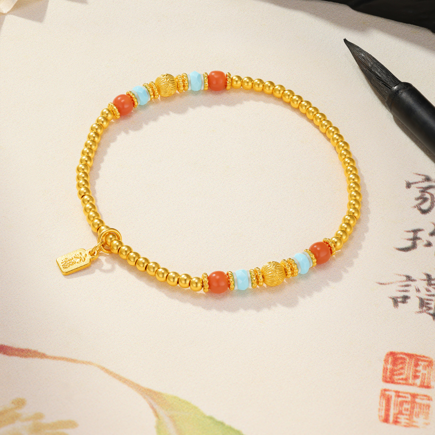 六福珠宝福满传家琳琅三彩黄金手链绿松石手串玉髓计价G21G0014DS【联系客服补货】