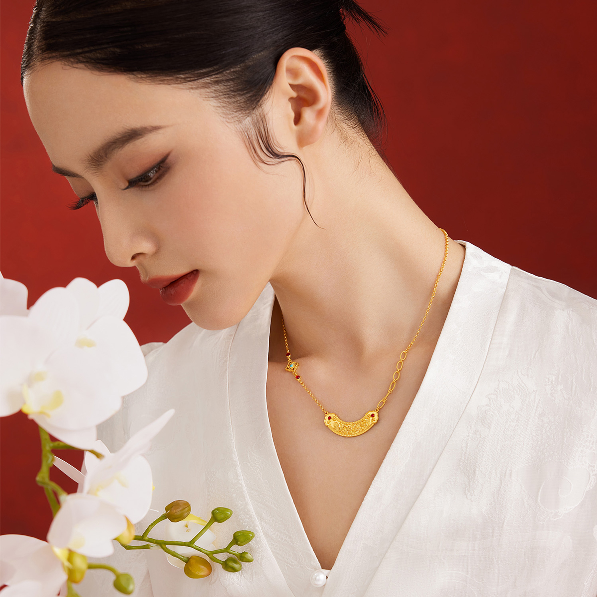 六福珠宝福满传家如意牡丹花黄金项链古法套链女计价L35TBGN0005【视频看货】