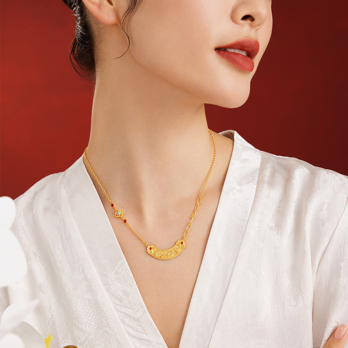 六福珠宝福满传家如意牡丹花黄金项链古法套链女计价L35TBGN0005【视频看货】