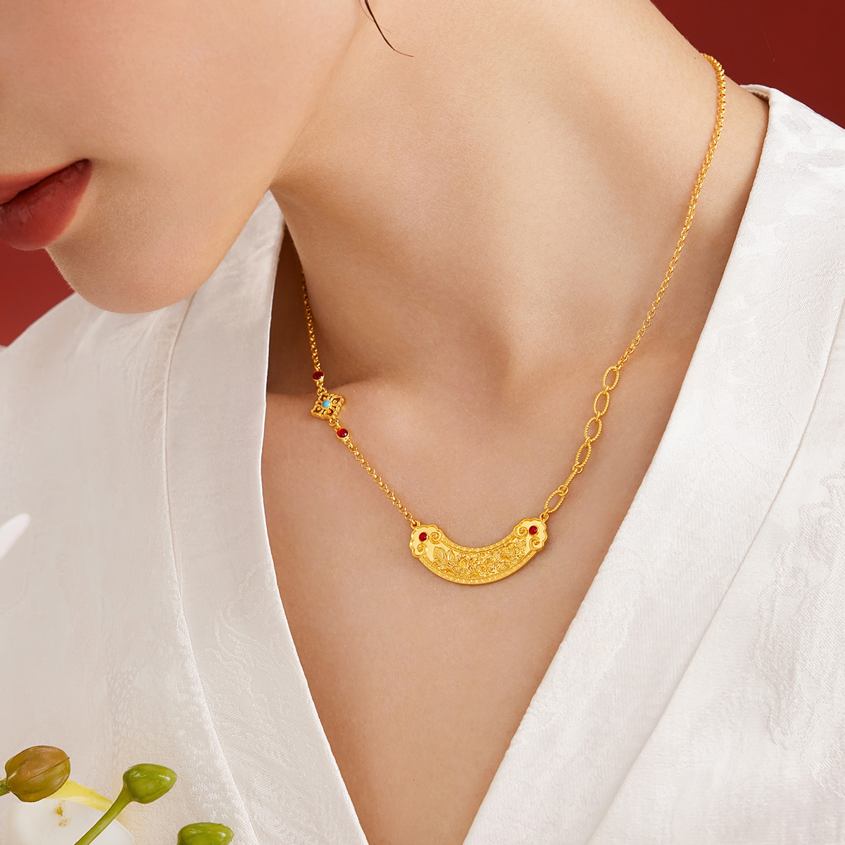 六福珠宝福满传家如意牡丹花黄金项链古法套链女计价L35TBGN0005【视频看货】