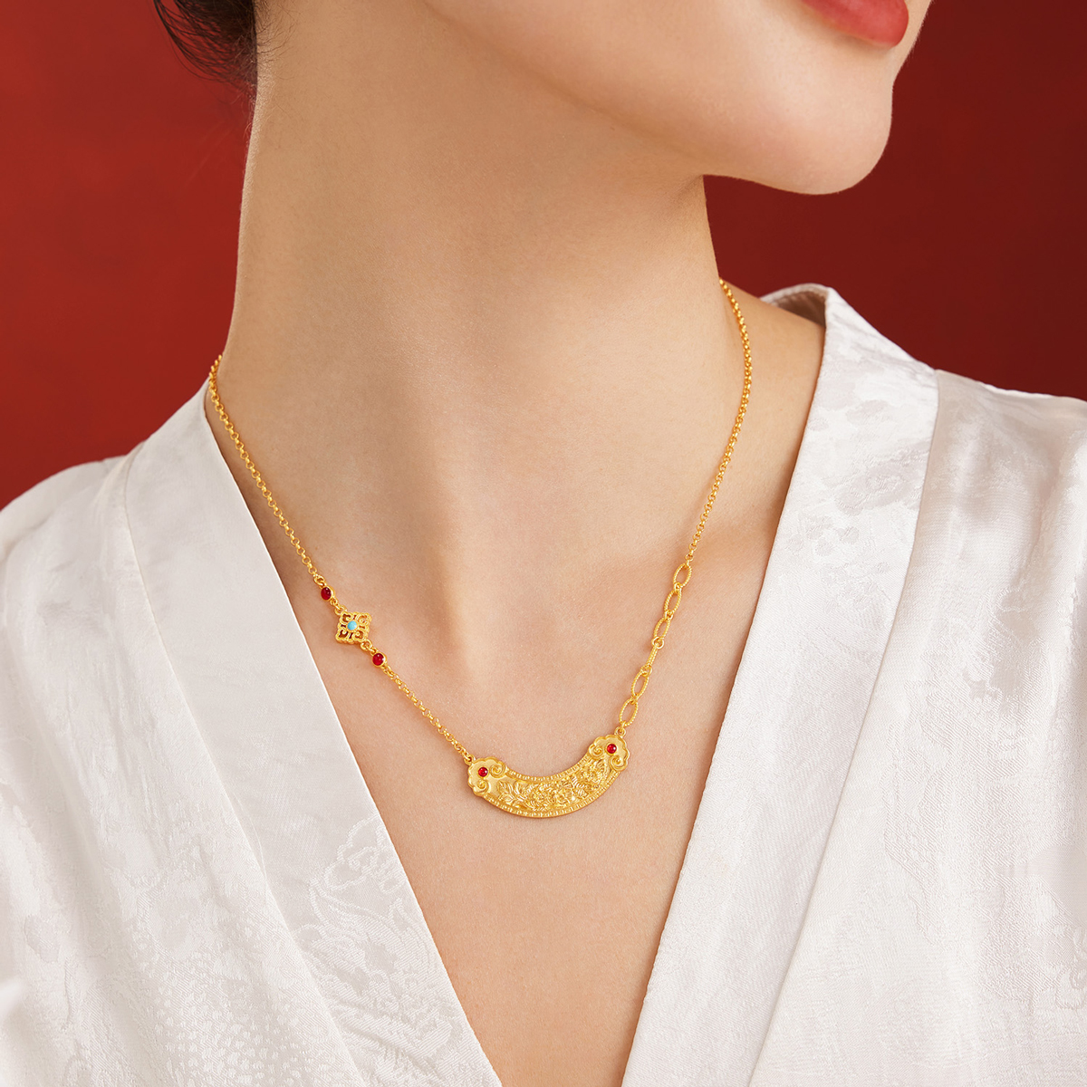 六福珠宝福满传家如意牡丹花黄金项链古法套链女计价L35TBGN0005【视频看货】