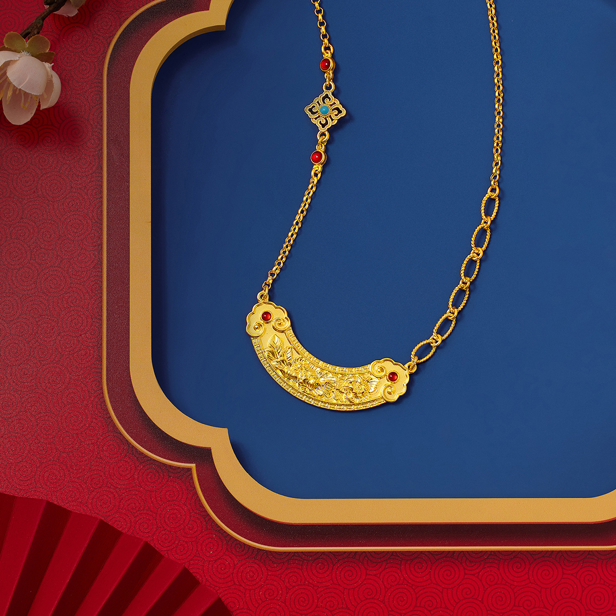 六福珠宝福满传家如意牡丹花黄金项链古法套链女计价L35TBGN0005【视频看货】