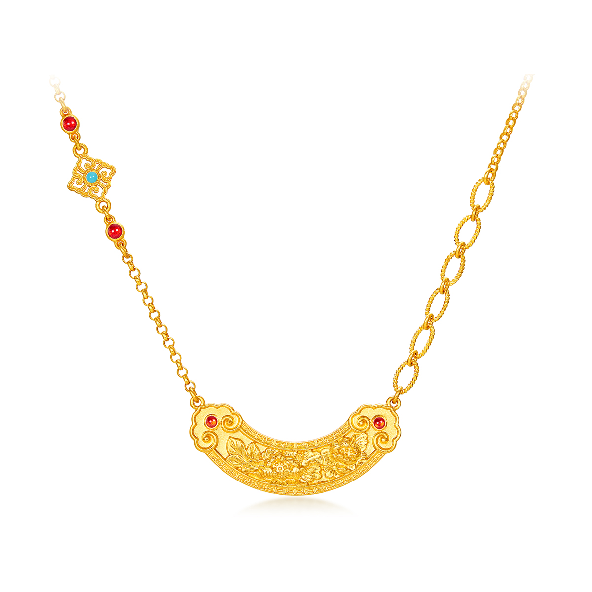 六福珠宝福满传家如意牡丹花黄金项链古法套链女计价L35TBGN0005【视频看货】